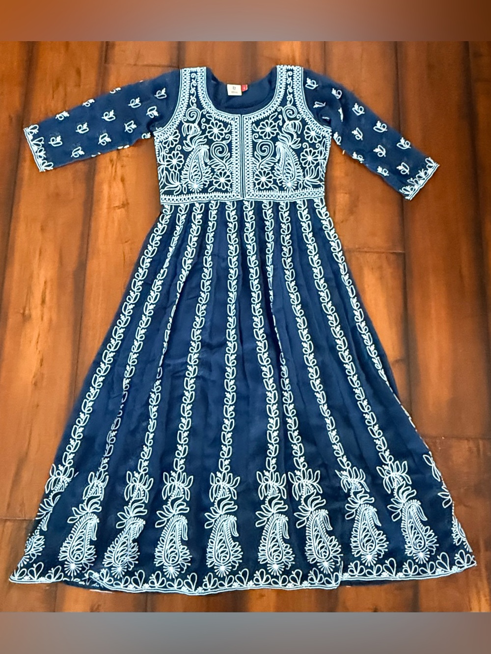 Ethnic Indian Wear Navy Blue Maxi Dress with White Embroidery